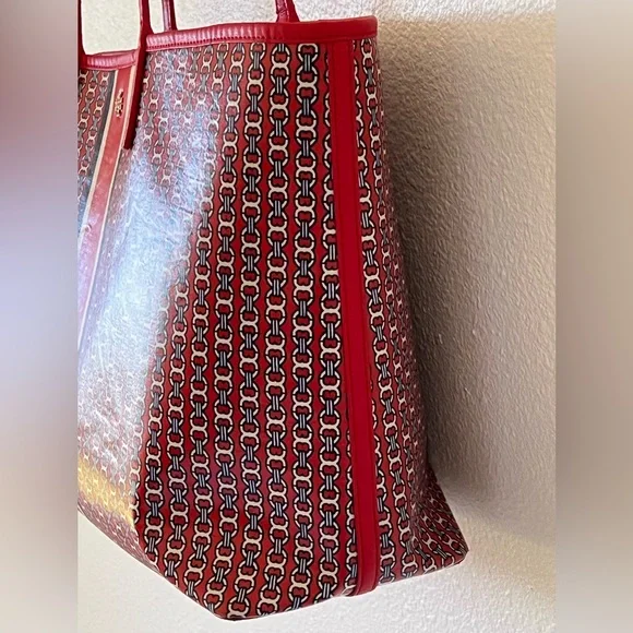 Tory Burch Gemini Link Large Red Logo Coated Canvas Vinyl Tote Bag - Picture 4 of 16